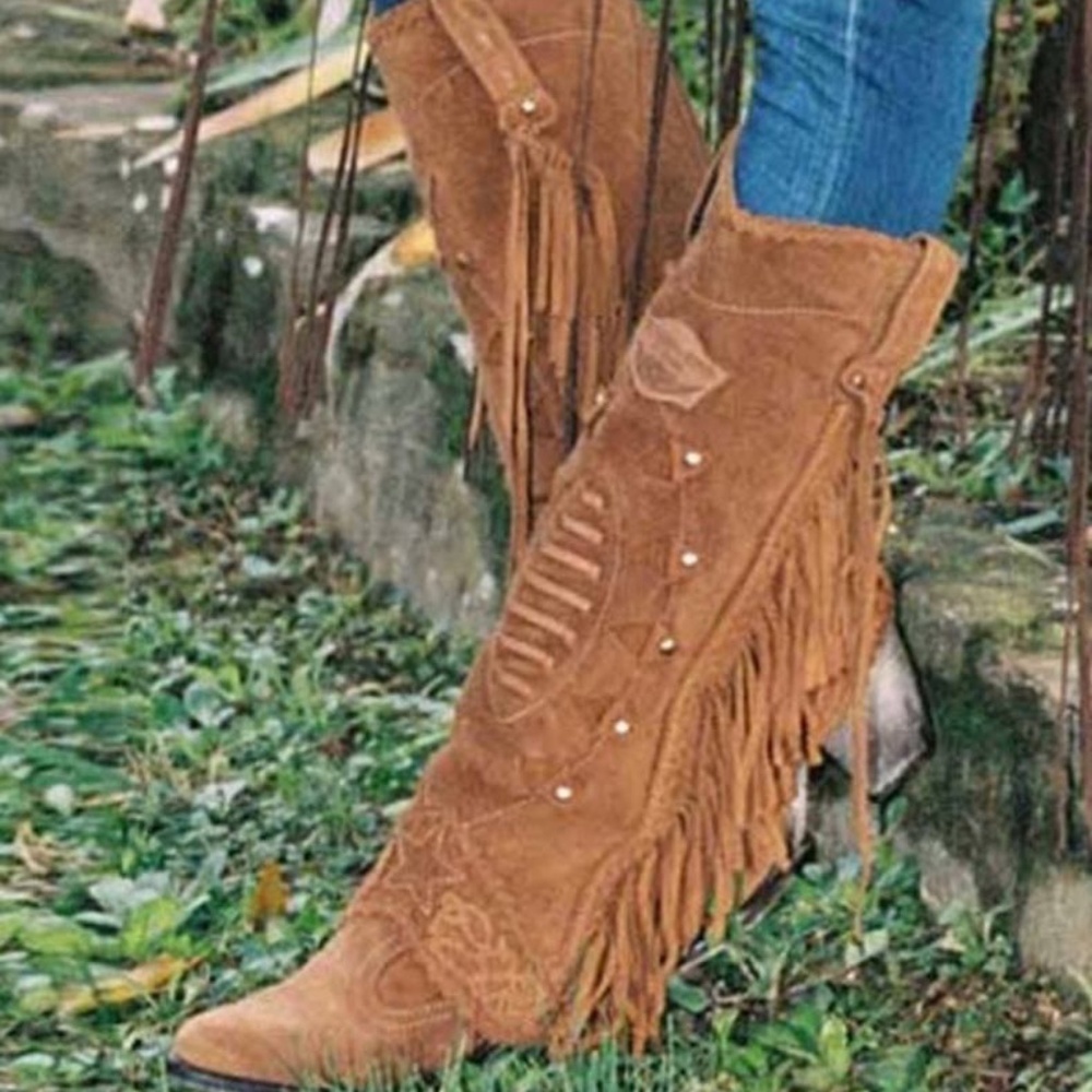 Fringe Western Heeled Boots - Brown